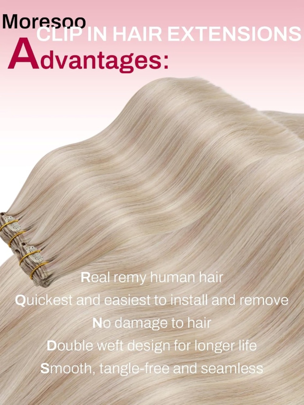 Moresoo Real Human Hair Clip-in Extensions 20" 120g 7 piece set Ash Blonde - Picture 2 of 9